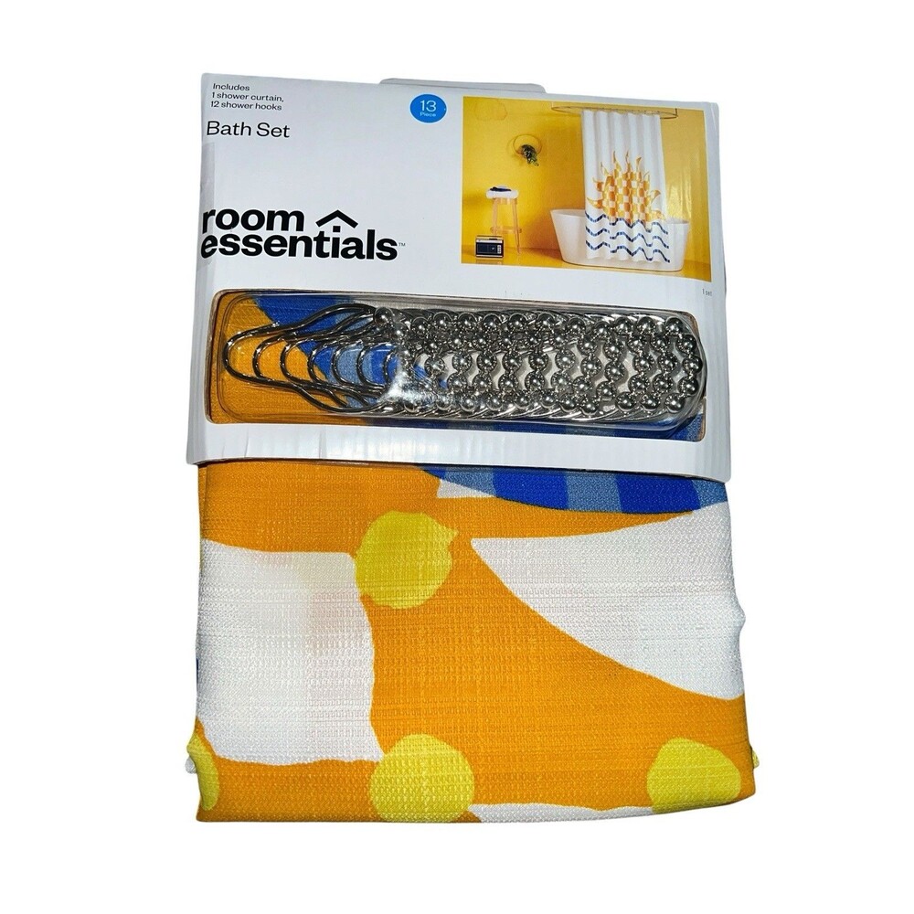 Room Essentials 72” x 72” Shower Curtain 12 Shower Hooks Orange Blue White Ylw